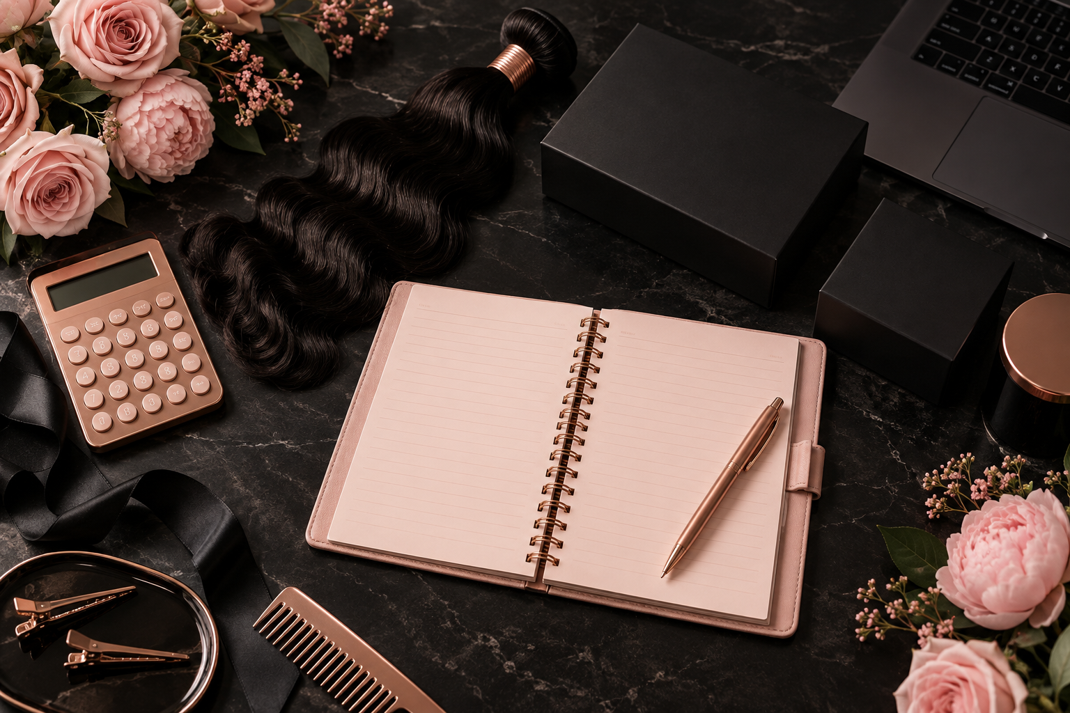 Hair-business planning desk with a planner, calculator, packaging and pink roses