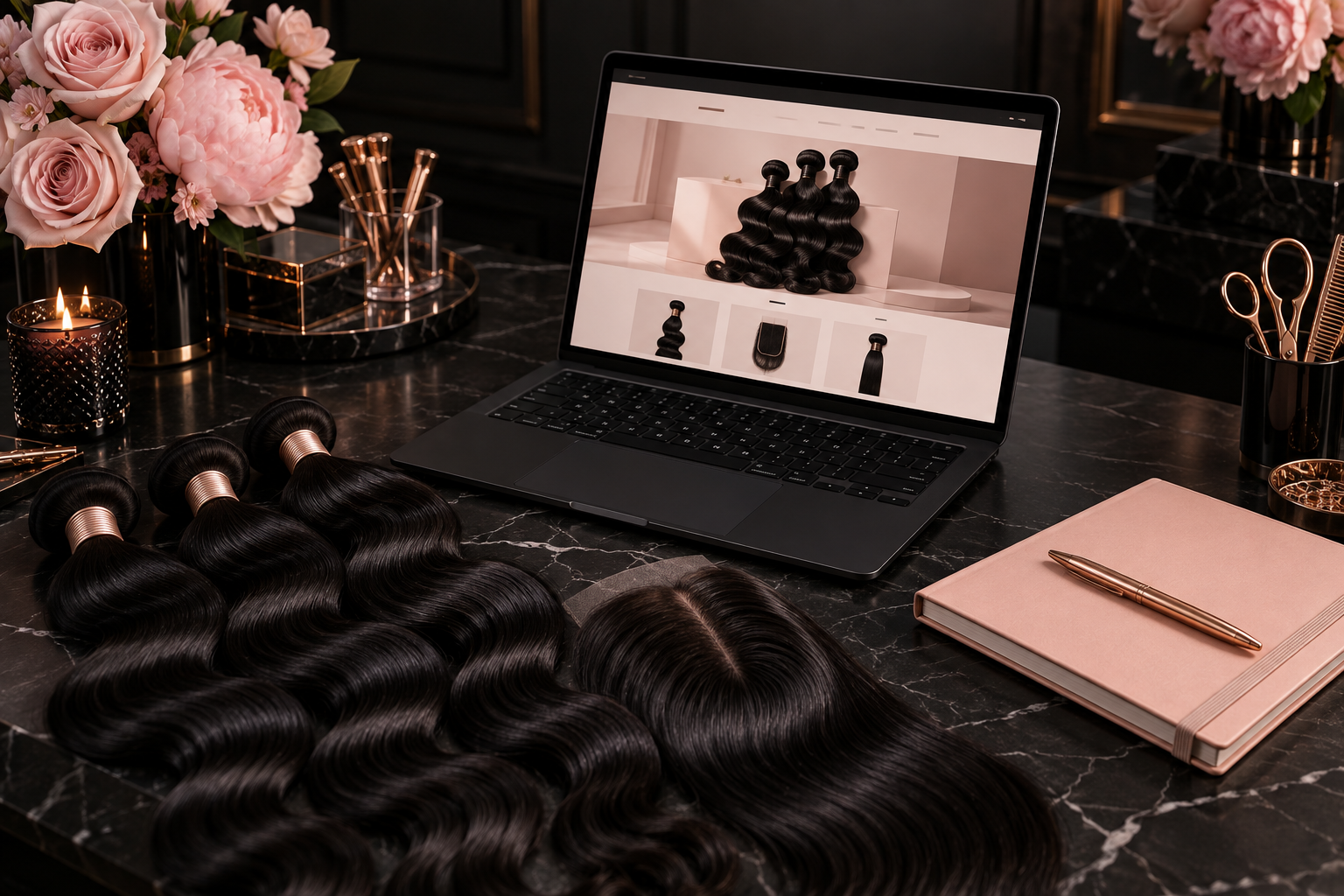 Hair entrepreneurship workspace with a laptop, hair bundles and blush notebook