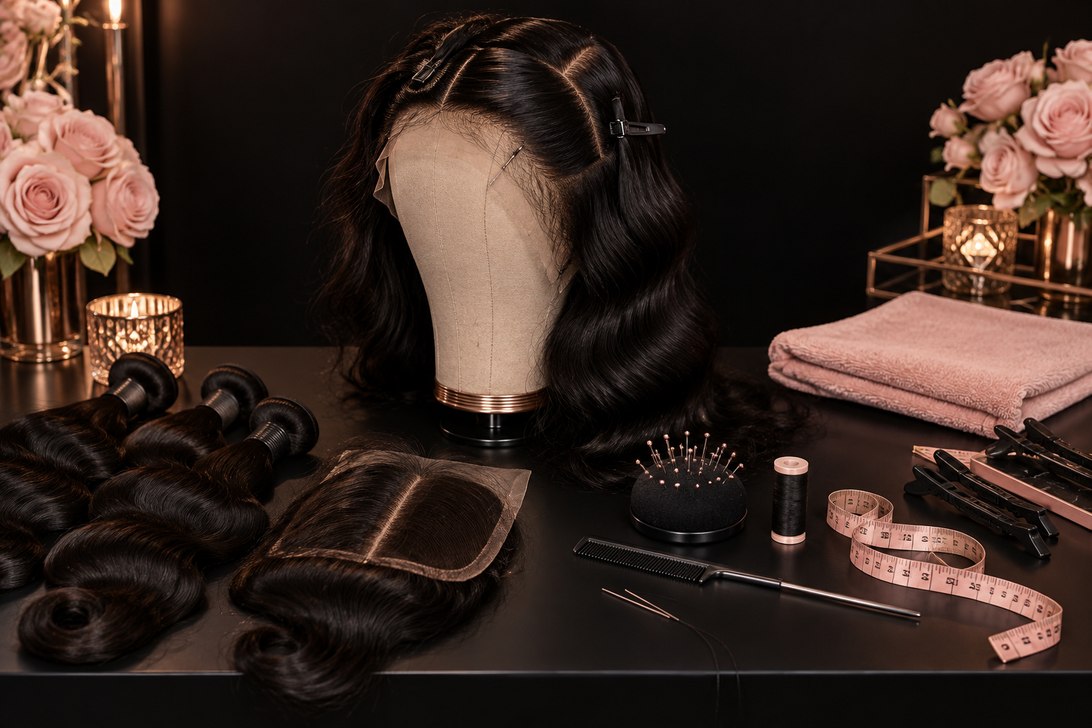 Illustrative wig-making workstation with hair bundles and tools in a black and blush setting