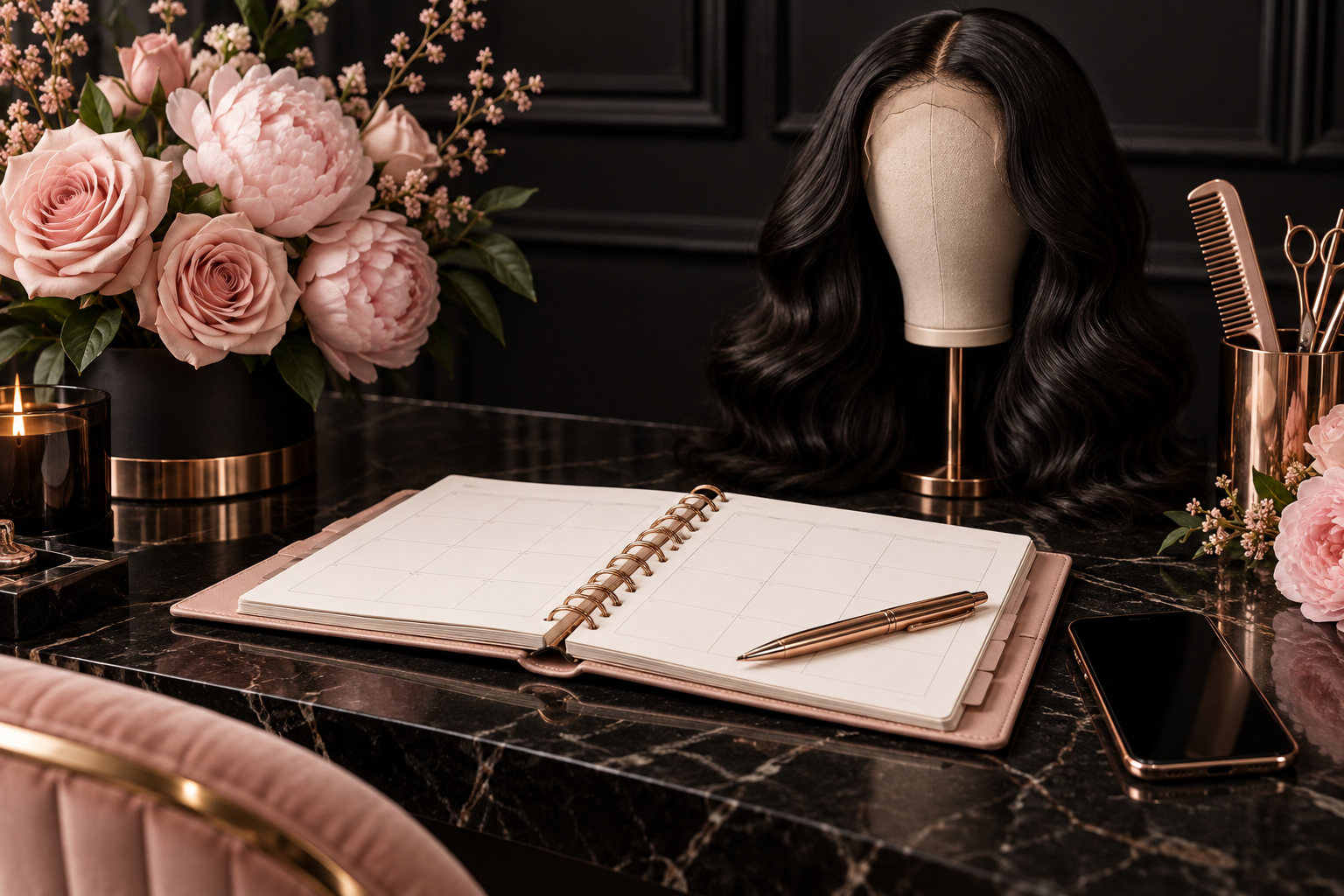 Salon appointment planner beside a styled wig and blush flowers