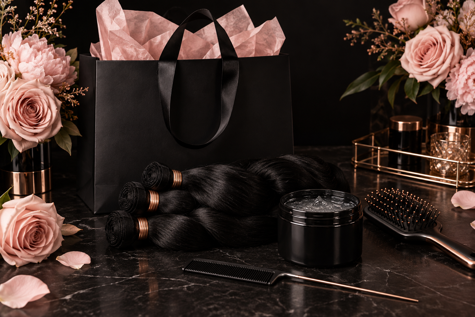 Beauty supply shopping bag, hair, gel, brush and rat-tail comb with pink roses